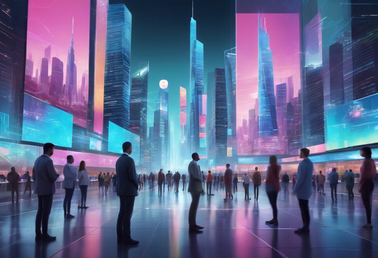 A dynamic scene depicting a futuristic city skyline with digital screens showcasing government services and communication apps. In the foreground, a diverse group of people engaging with holographic technology, representing various demographic backgrounds. Bright, inviting colors enhance the theme of innovation and accessibility in public services. super-realistic. vibrant colors. digital art.