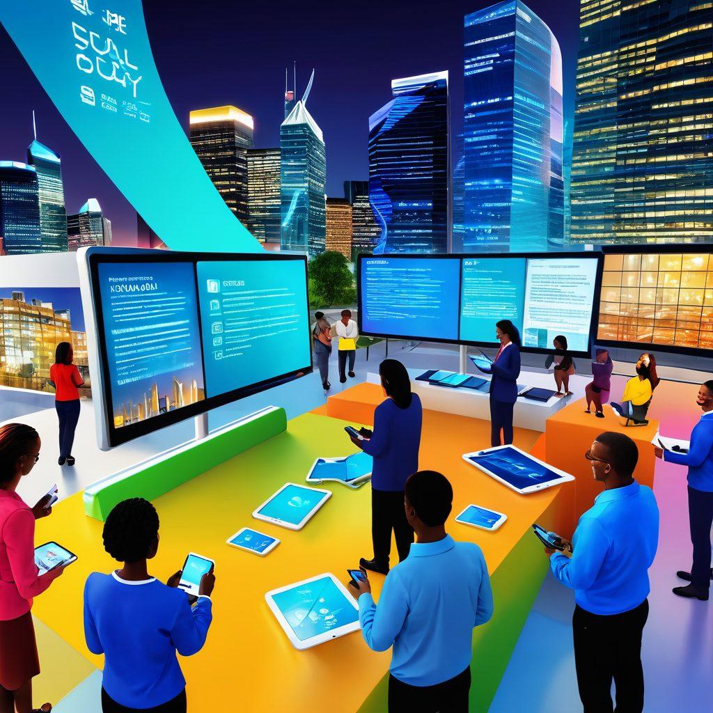 A dynamic scene depicting an engaged community using digital devices to interact with local government services. Include diverse citizens holding smartphones and tablets, showing happiness and connection. In the background, a modern government building is enhanced with digital screens displaying information and data. Use bright colors to symbolize empowerment and innovation. super-realistic. vibrant colors. 3D.