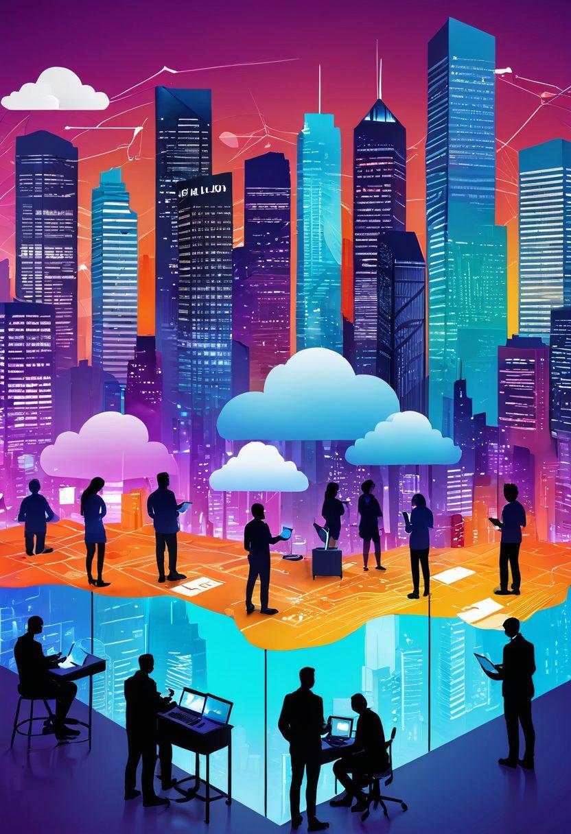 A digital landscape depicting a diverse group of citizens engaging with various public service platforms on their devices, showcasing empowerment through technology. Vibrant screens display charts, forms, and collaborative tools, symbolizing transparency and accessibility. In the background, a city skyline integrates with elements of tech like cloud services and data streams. The scene is lively and colorful, emphasizing a sense of community and connectivity. super-realistic. vibrant colors. 3D.